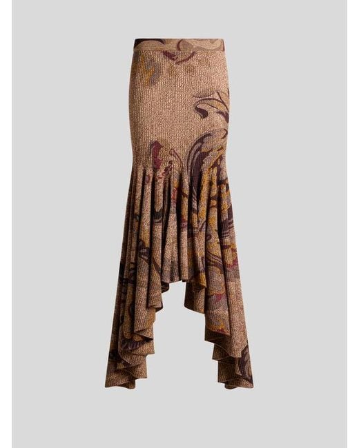 Etro Brown Langer Rock Aus Wolle Im Rippstrick Mit Blumenmotiv, Damen, Größe