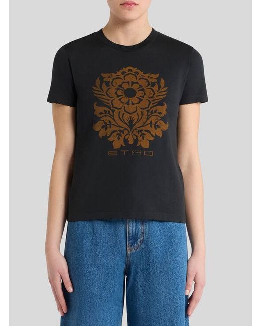 Etro Black T-Shirt Aus Jersey Mit Blumen-Print, Damen, Größe