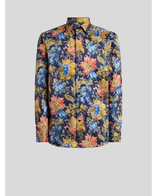 Etro Blue Cotton Satin Shirt With Floral Motif for men