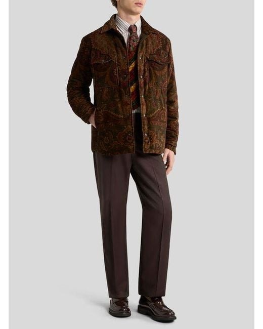 Etro Brown Padded Cotton Corduroy Shacket With Placed Floral Medallion Print for men