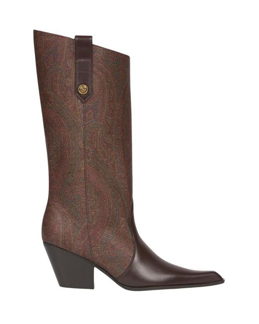 Etro Brown Paisley Jacquard And Leather Boots