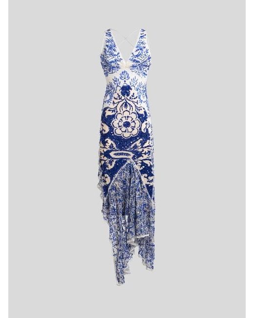 Etro Blue Long Dress With Sequin Embroidery