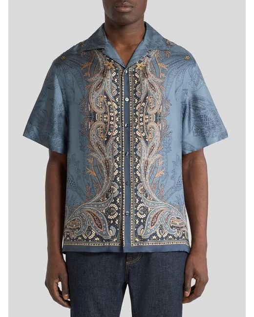 Etro Blue Silk Bowling Shirt With Placed Pegaso Print for men