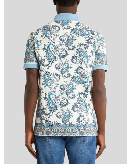 Etro Blue Cotton Polo Shirt With Placed Print for men