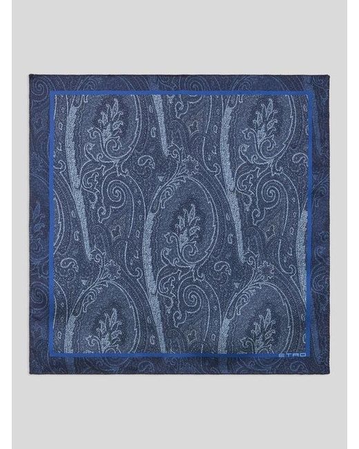 Etro Blue Printed Silk Pocket Square for men