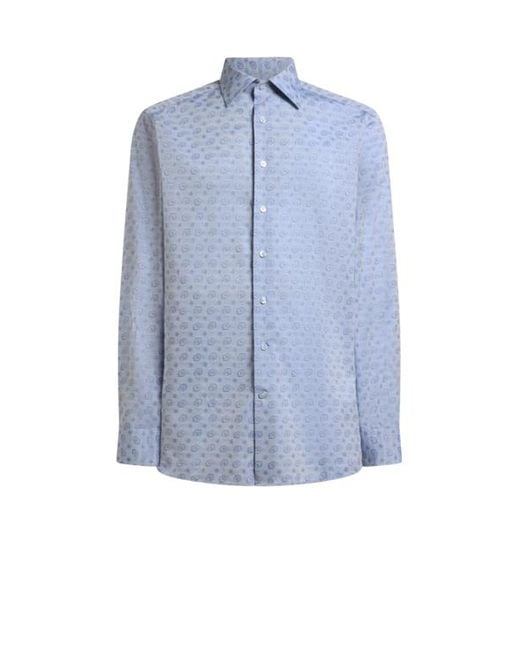Etro Blue Cotton-Blend Fil Coupé Shirt With Micro Paisley Motif for men