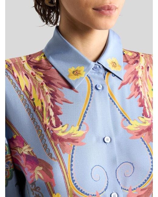 Etro Blue Silk Shirt With Placed Floral Paisley Print