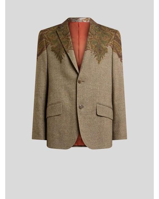 Etro Green Single-Breasted Wool-Blend Jacket With Placed Paisley Pochette Print for men
