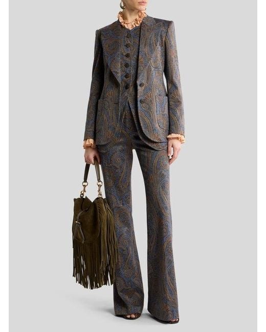 Etro Gray Fit-And-Flare Cotton-Blend Jacquard Trousers With Paisley Motif