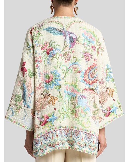 Etro White Cotton-Blend Basketweave Kesa With Flora And Fauna Motif
