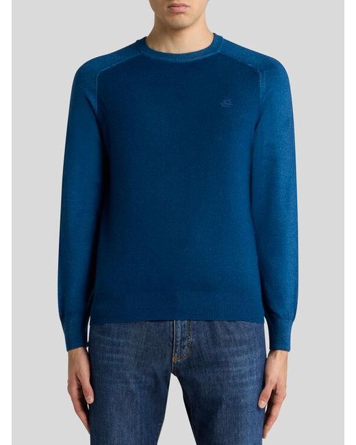 Etro Blue Wool Sweater With Pegaso Logo for men