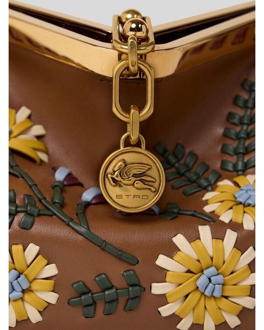 Etro Natural Small Leather Vela Bag With Threading And Floral Motif