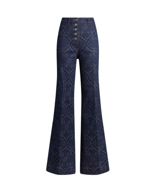 Etro Blue Flared Jacquard Denim Jeans With Pegaso Buttons