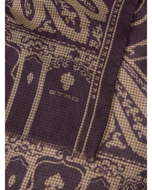 Etro Brown Wool And Silk Scarf With Houndstooth Motif And Paisley Print for men