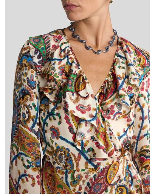 Etro Natural Peau D'Ange Silk Long Wrap Dress With Floral Paisley Motif