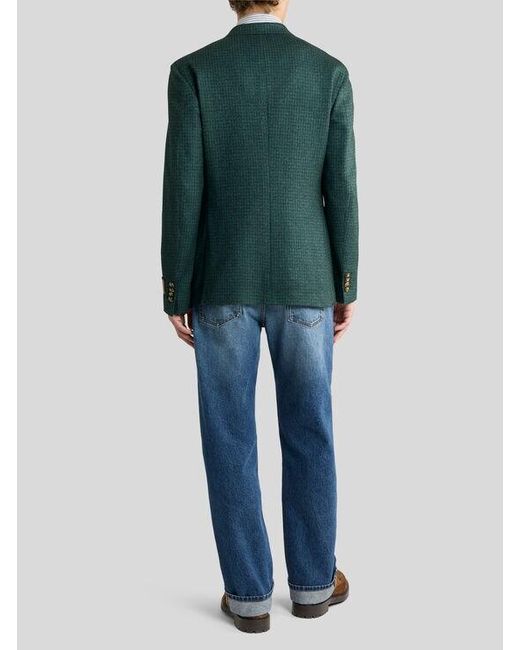 Etro Green Single-Breasted Silk And Cashmere Jersey Jacket With Houndstooth Motif for men