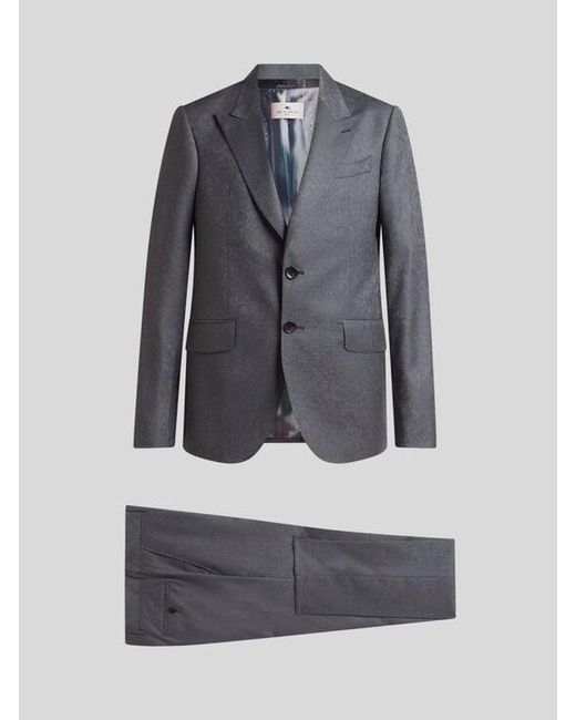 Etro Blue Single-Breasted Wool Jacquard Suit With Floral Paisley Motif for men