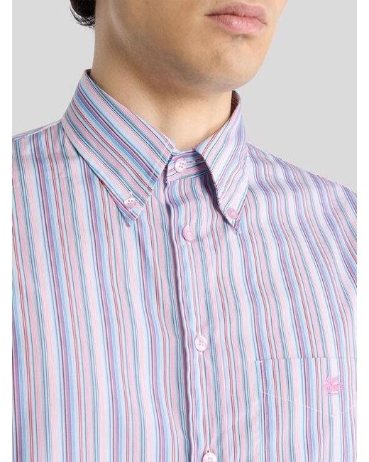 Etro Purple Striped Cotton Button-Down Shirt With Pegaso for men