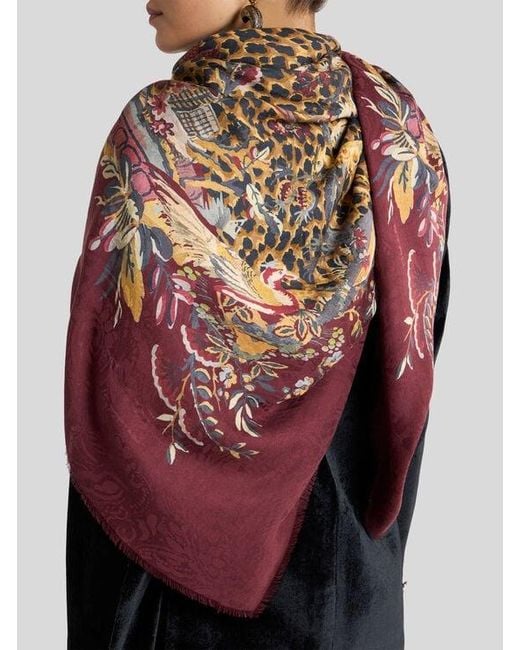 Etro Brown Modal And Cashmere Jacquard Shawl With Leopard Motif
