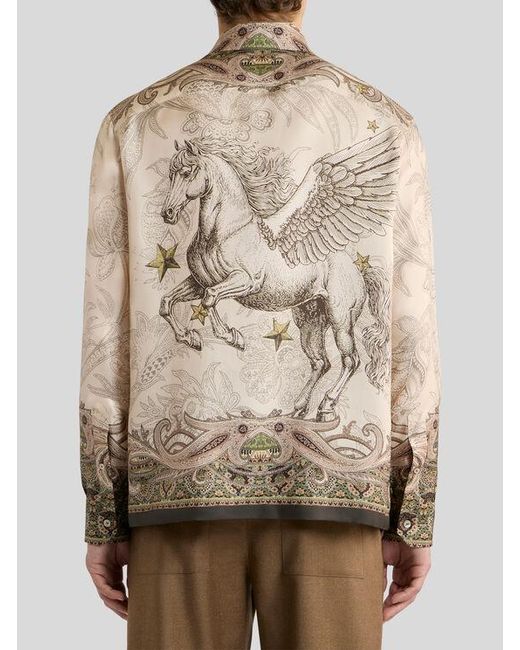 Etro Natural Silk Twill Shirt With Placed Pegaso Print for men