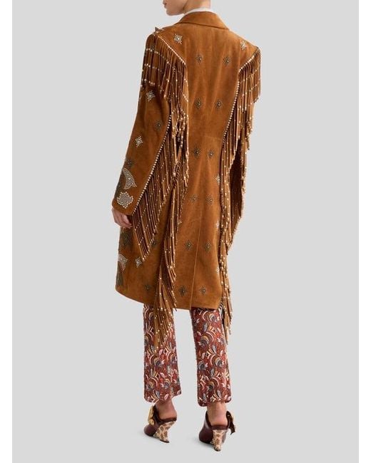 Etro Brown Leather Coat With Studs And Fringing
