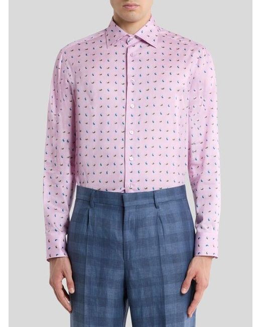 Etro Pink Cotton Sateen Shirt With Micro Paisley Motif for men