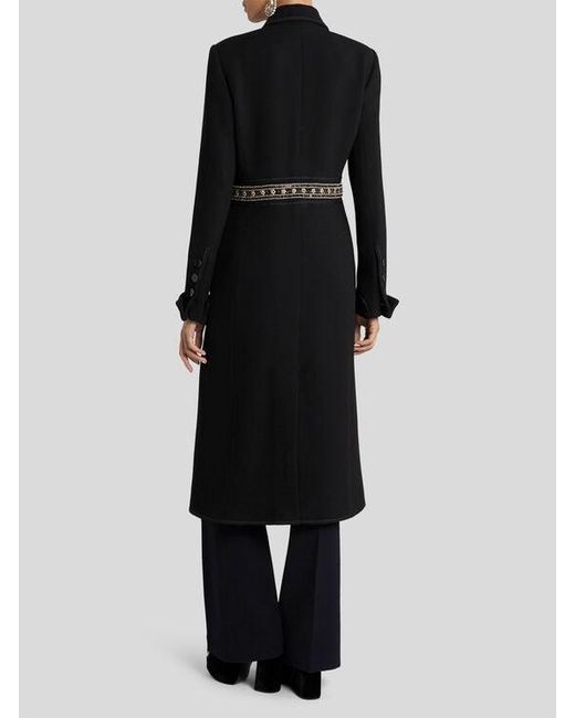Etro Black Wool Coat With Jewel Embellishments