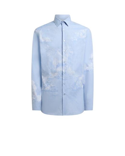 Etro Blue Cotton Shirt With Placed Pegaso Motif for men