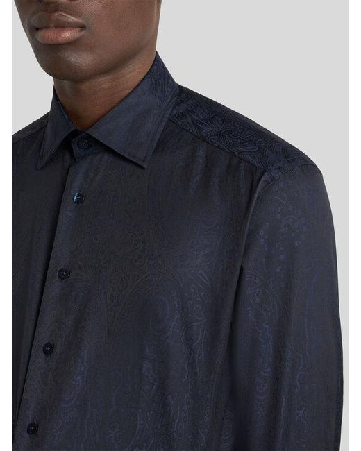 Etro Blue Cotton Jacquard Shirt With Arnica Motif for men