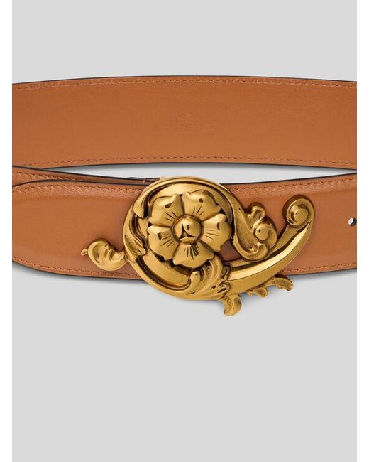 Etro Brown Leather Belt With Floral Buckle