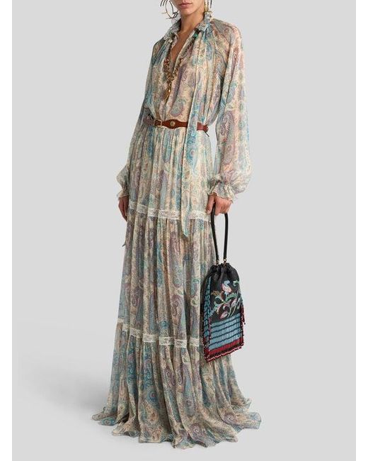 Etro White Silk Crepon Maxi Skirt With Paisley Foliage Motif