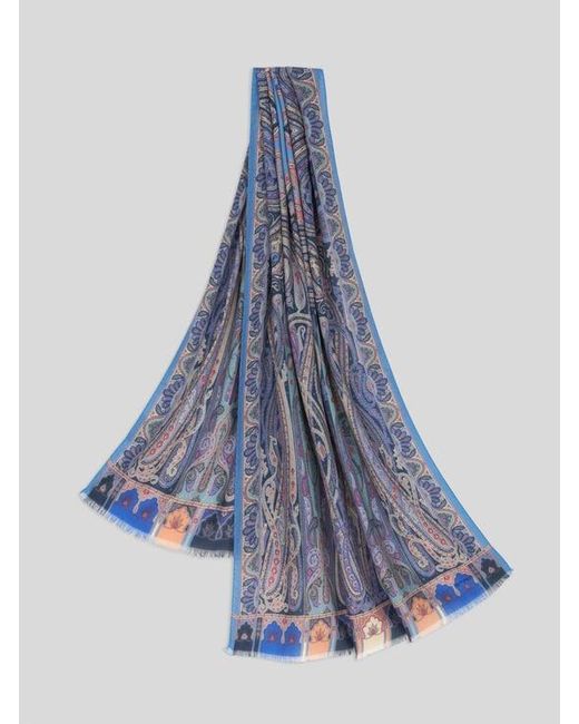 Etro Blue Fringed Paisley Scarf