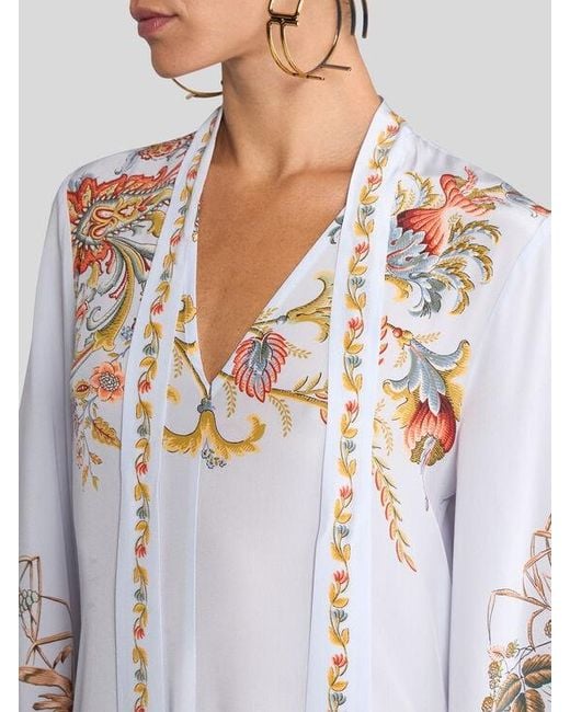 Etro White Long Silk Dress With Silk Scarf And Placed Flora And Fauna Print