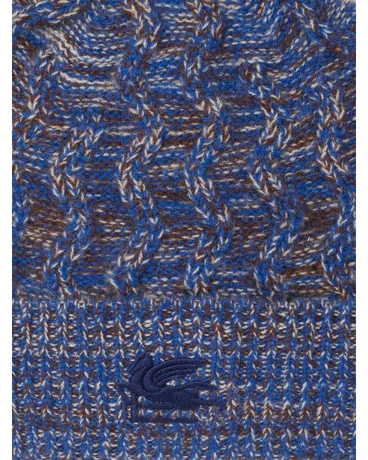 Etro Blue Cashmere Beanie With Cable Detail And Pegaso Embroidery for men