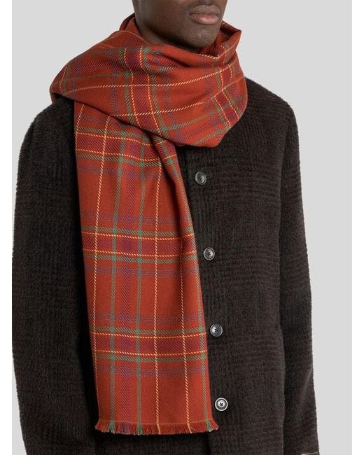Etro Red Double-Sided Wool And Silk Scarf With Check And Paisley Motifs for men