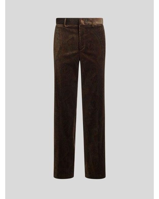 Etro Brown Straight-Leg Cotton Velvet Trousers With Arnica Motif for men