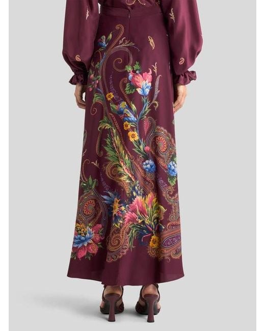 Etro Red Silk Maxi Skirt With Placed Floral Paisley Print
