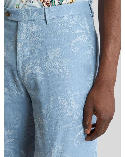 Etro Blue Regular-Fit Cotton And Linen Jacquard Denim Shorts With Leafy Motif for men