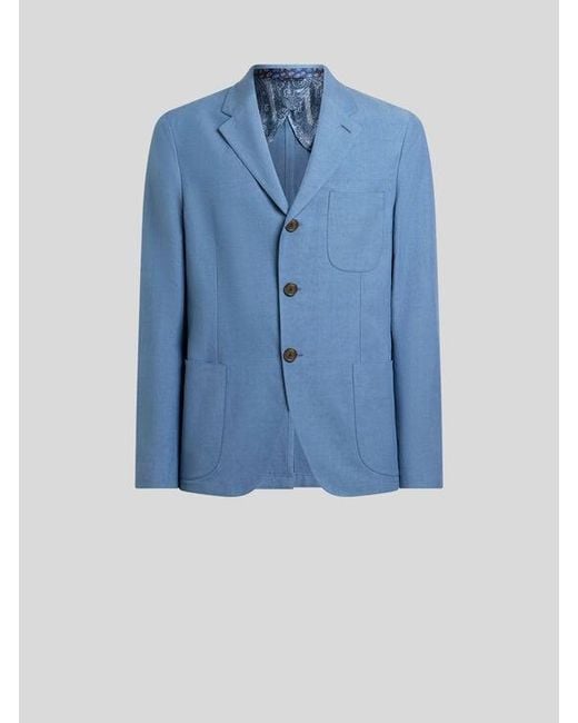Etro Blue Single-Breasted Plain-Coloured Silk-Blend Jacket for men