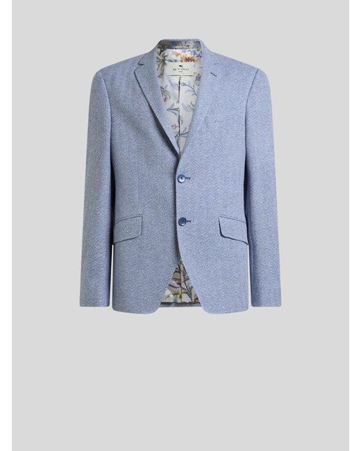Etro Blue Single-Breasted Cotton And Linen Jersey Jacket With Chevron Motif for men