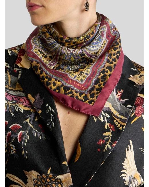 Etro Brown Silk Twill Scarf With Leopard Motif