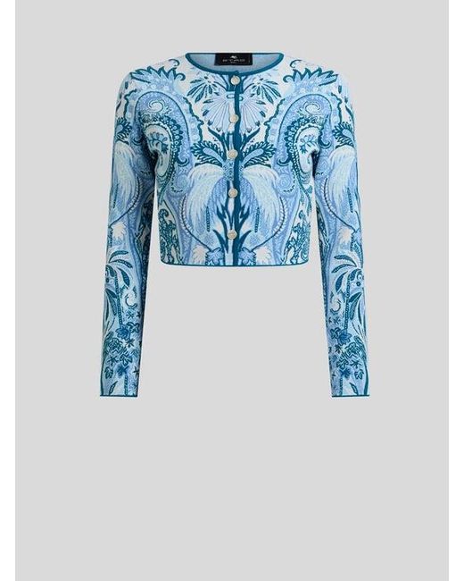 Etro Blue Jacquard Cropped Cardigan With Leafy Paisley Motif