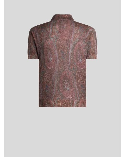 Etro Brown Knit Polo-Shirt With Paisley Print for men