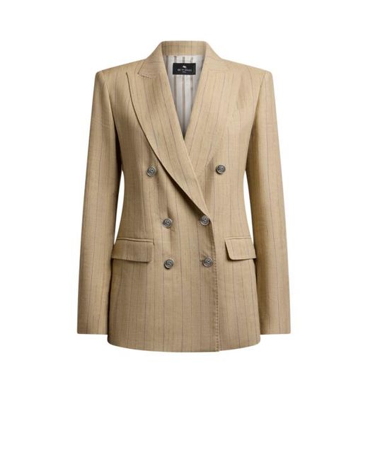Etro Natural Double-Breasted Striped Jacket With Pegaso Buttons