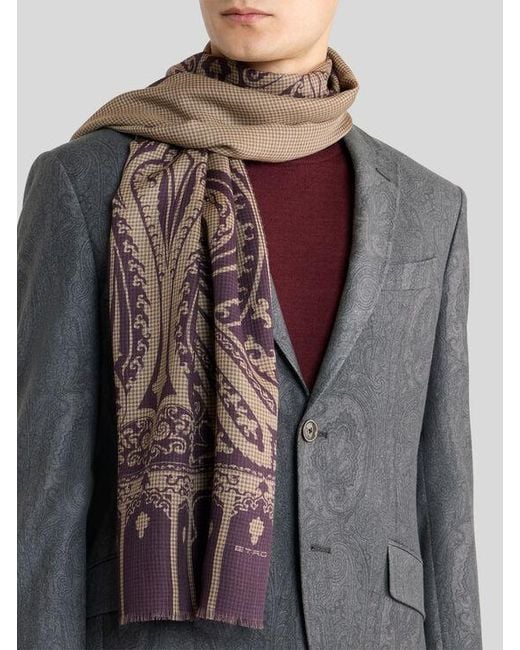 Etro Brown Wool And Silk Scarf With Houndstooth Motif And Paisley Print for men