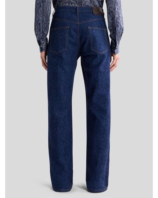 Etro Blue Straight-Leg Jacquard Denim Jeans With Floral Paisley Motif for men