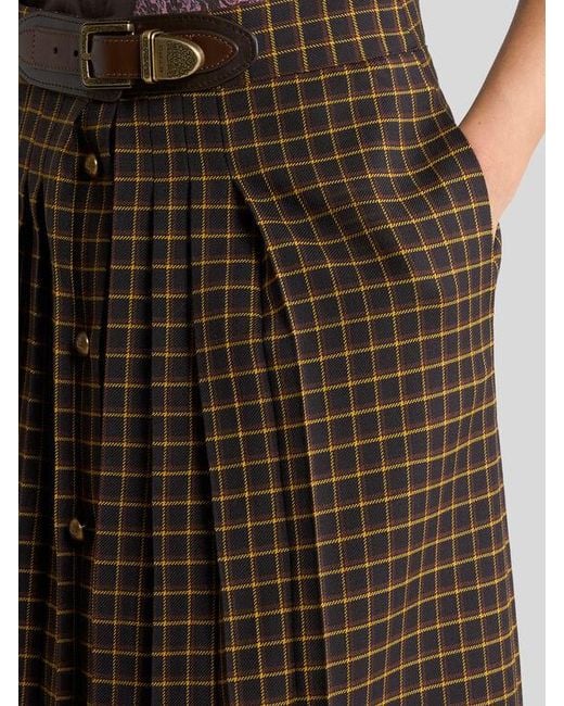 Etro Brown Wool Maxi Skirt With Pleating And Check Motif