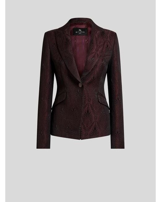 Etro Red Single-Breasted Jacquard Jacket With Floral Medallion Motif