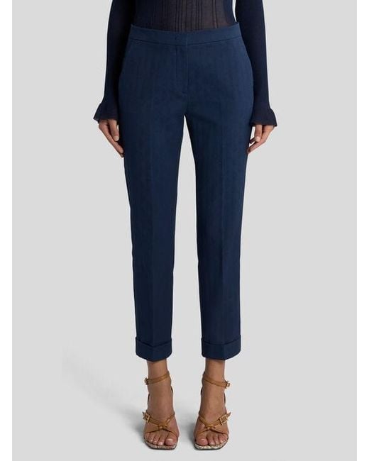Etro Blue Cropped Cotton Jacquard Trousers With Micro Paisley Motif