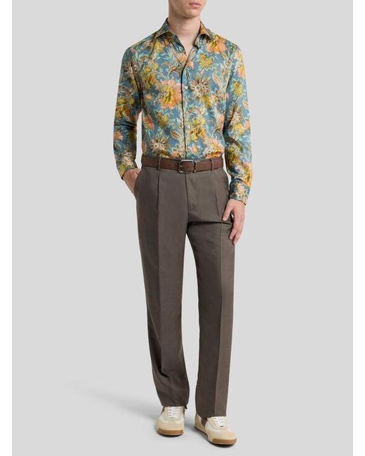 Etro Green Cotton Satin Shirt With Floral Motif for men